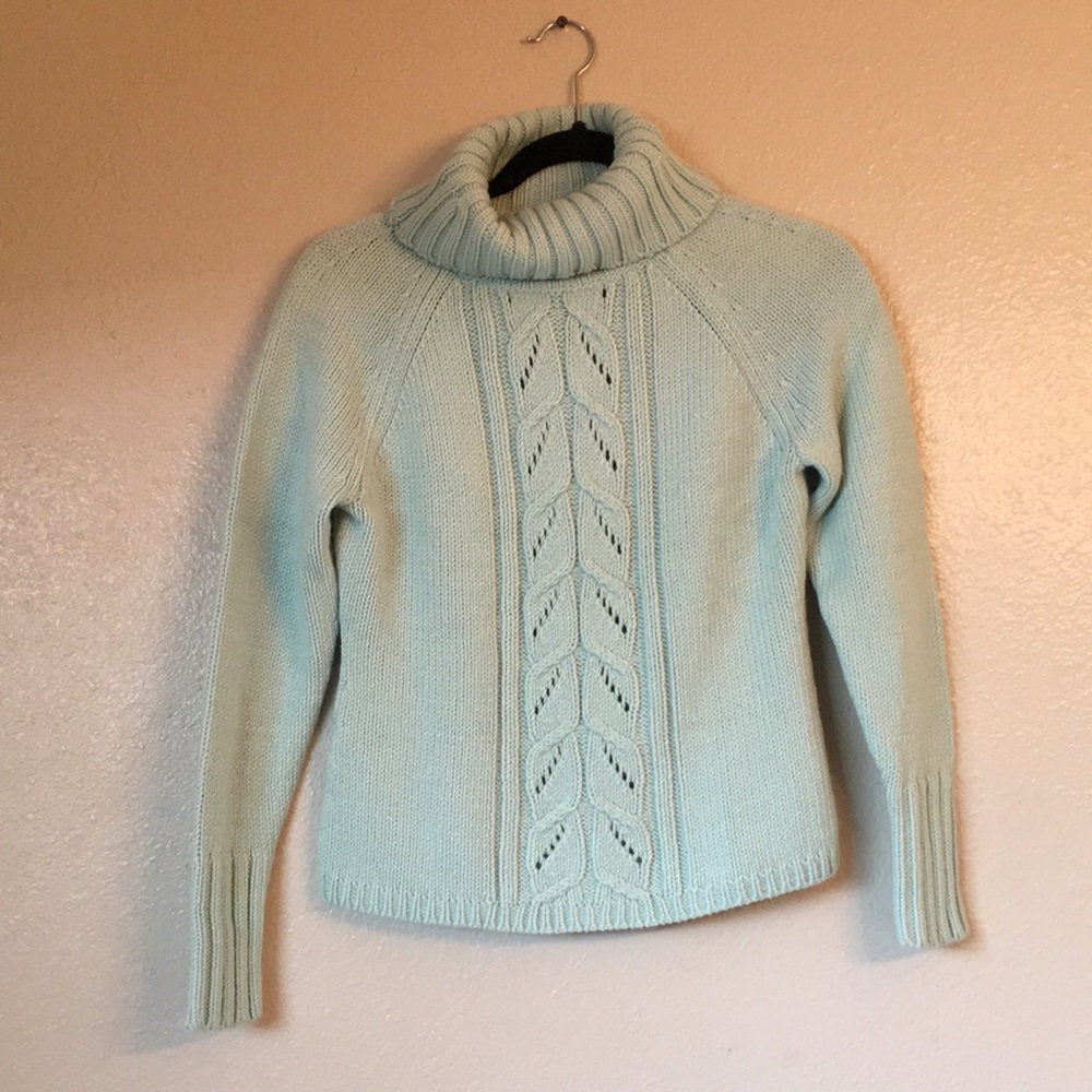 LOFT Mint Green Turtleneck Cable Knit Cozy Sweater Size Small Petite - Picture 1 of 7